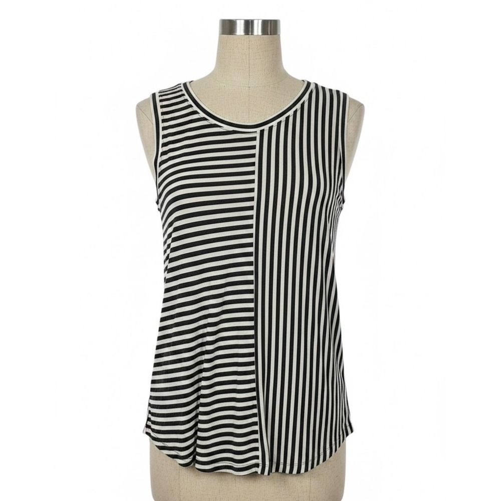Cabi Striped Sleeveless Tank Top Black White Keyhole Back Small